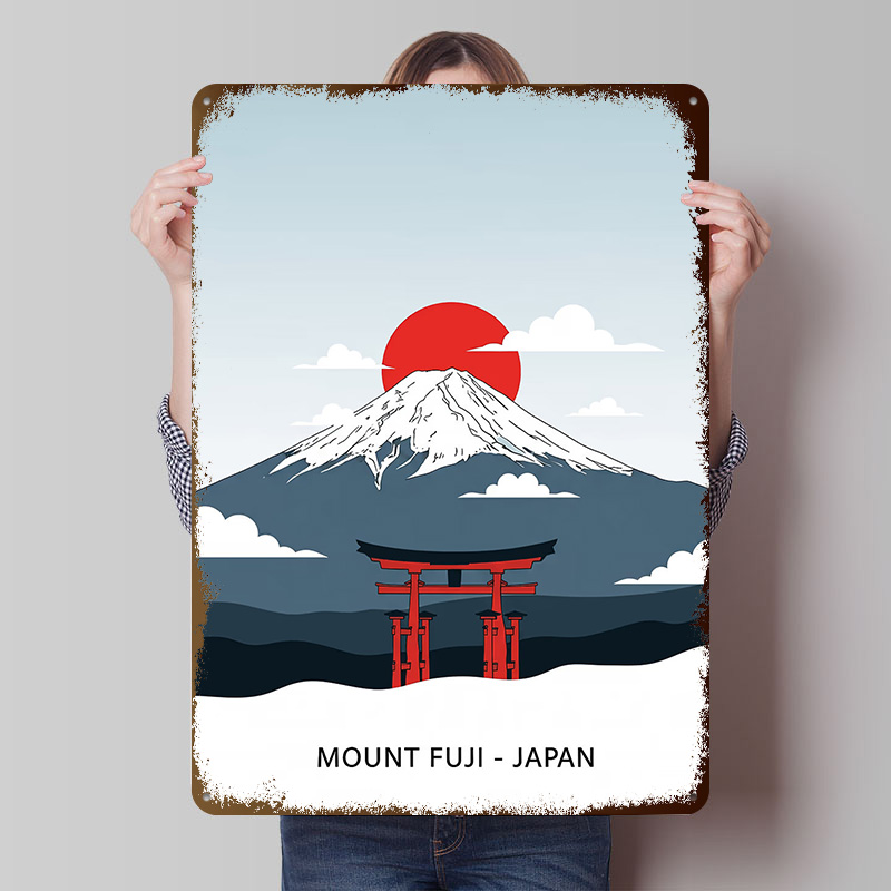 Retro Gaming Japan - لافتة معدنية مطبوعة بتصميم جبل فوجي